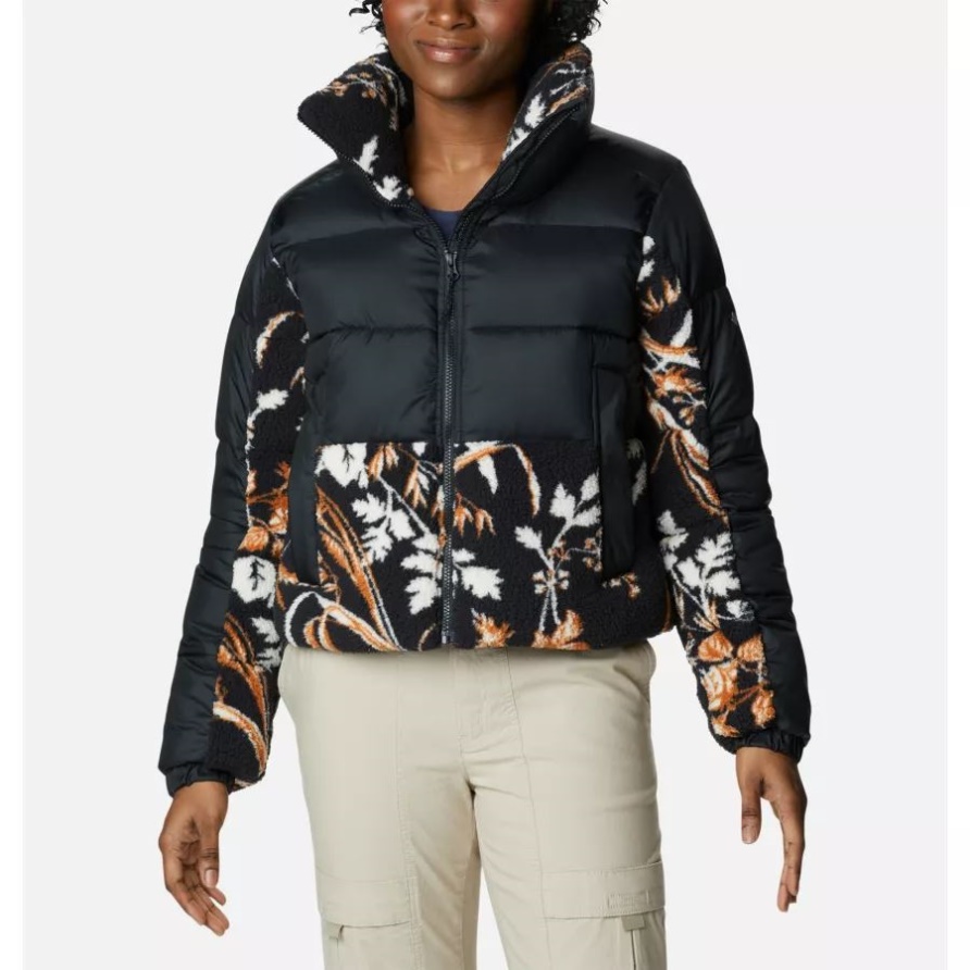 Schwarz/schwarze Columbia Leadbetter Point Sherpa-Hybridjacke Mit Fallgrass-Print Für Damen
