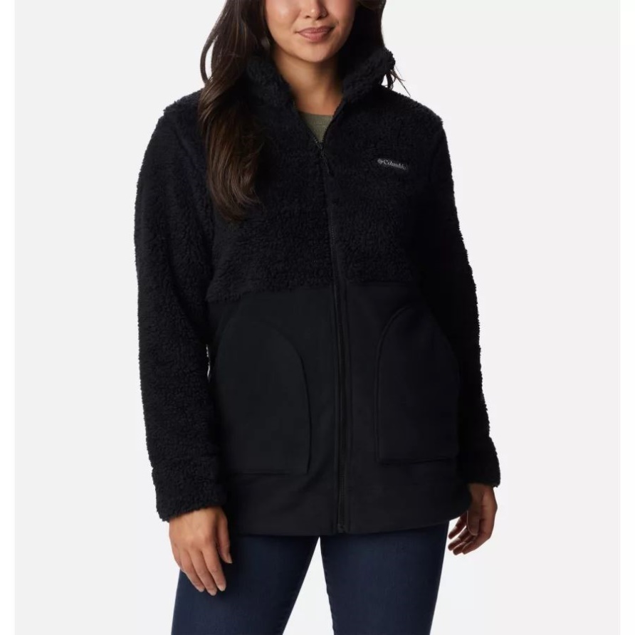 Black Columbia Winter Pass Sherpa Lange Fleecejacke Mit Durchgehendem Reißverschluss Für Damen