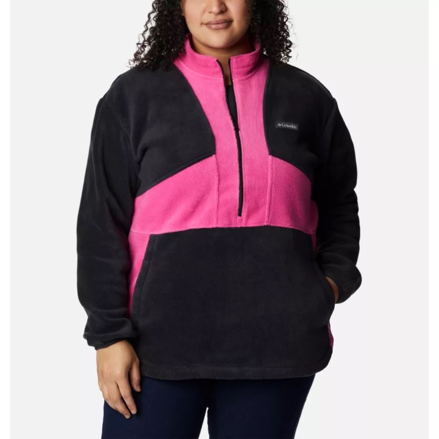 Schwarz/Pink Ice Columbia Getesteter Tough In Pink Colorblock-Fleecepullover Mit Halbem Reißverschluss Für Damen In Übergröße