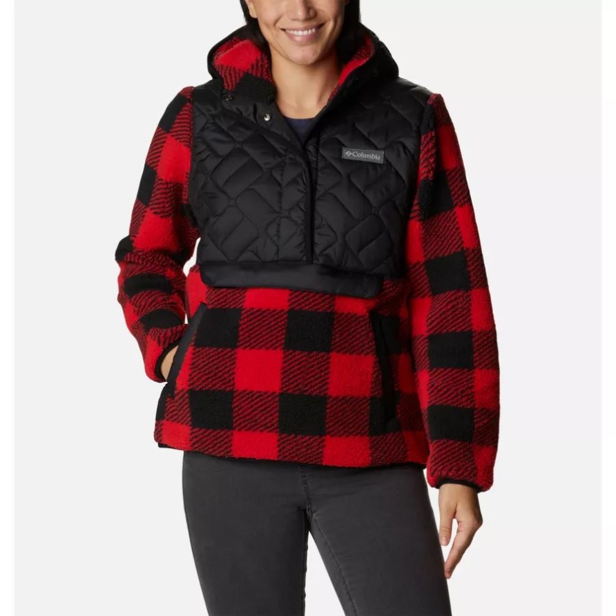 Schwarz/roter Lilien-Karo Columbia-Fleece-Kapuzenpullover Mit Süßer Aussicht Für Frauen