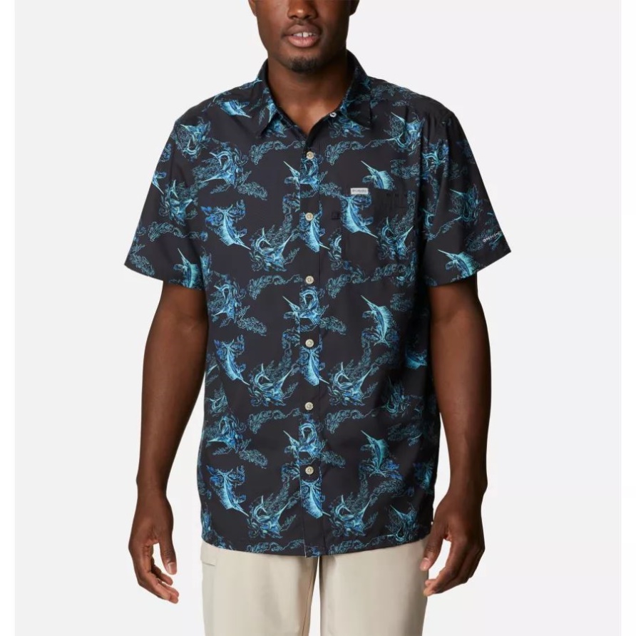 Schwarzes Pfg Super Slack Tide Camp Shirt Für Herren Mit Segeln Wegaufdruck Kolumbien