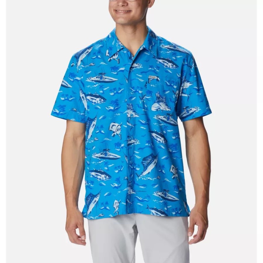 Blue Macaw Reel Dreamz Print Herren Pfg Trollers Bestes Kurzarmhemd Columbia