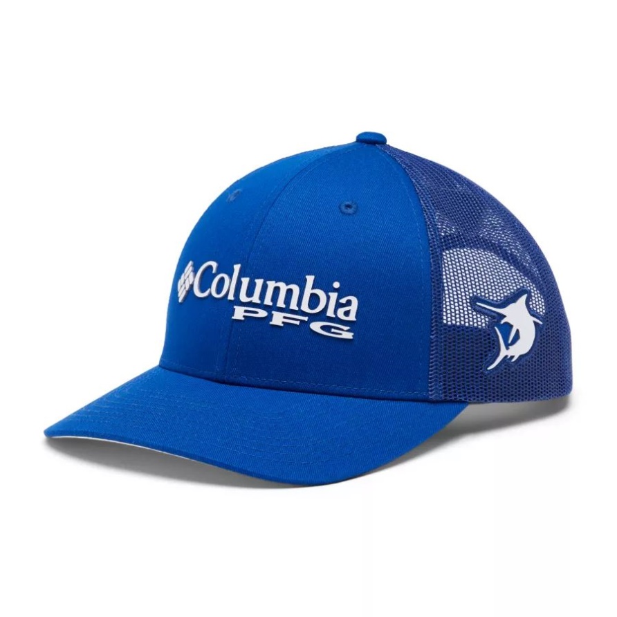 Blauer Ara/weiß/marlin Columbia Pfg Logo Mesh Snapback Niedrige Krone