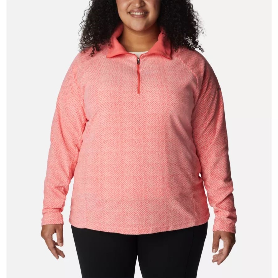 Zartrosafarbener Columbia-Pullover Mit Halbem Reißverschluss Und Fischgrätenmuster Für Damen In Übergröße