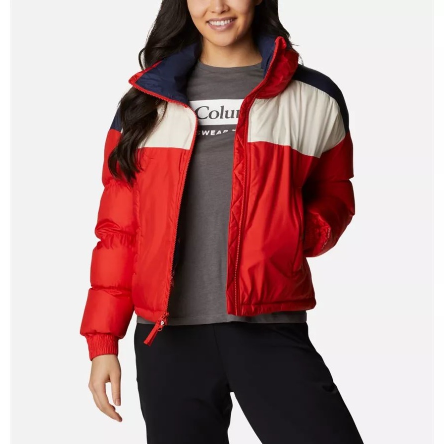 Kräftiges Orange/kreide/nocturnal Columbia – Isolierte Kurz Geschnittene Pike Lake-pufferjacke Für Damen