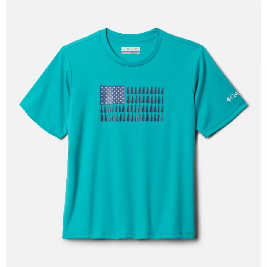 Grizzly Ridge Kurzarm-Grafik-T-Shirt Für Jungen Helles Aqua/patriotische Kiefern Grafik Columbia