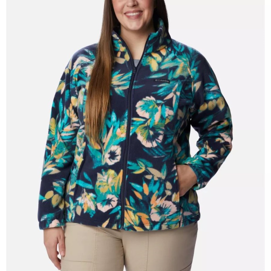 Helles Aqua/Glyzinien-Fleecejacke Mit Durchgehendem Reißverschluss Und Benton-Federn-Print Für Damen Plus Größe Columbia