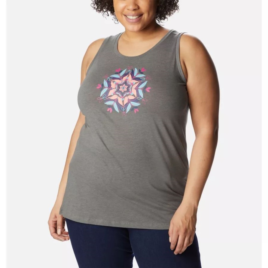 Charcoal Heather/floral Leafscape Columbia Bluff Mesa Tank Plus Size Für Damen