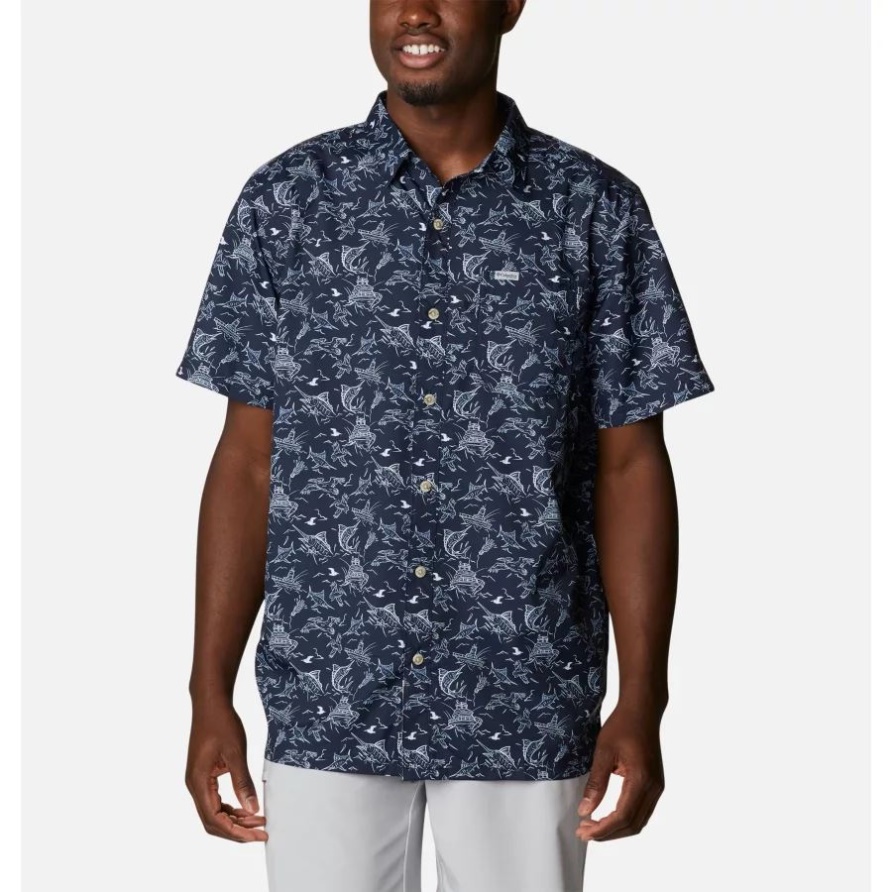 Coll Navy Kleine Mächtige Marlins Pfg Super Slack Tide Camp Shirt Für Herren Columbia