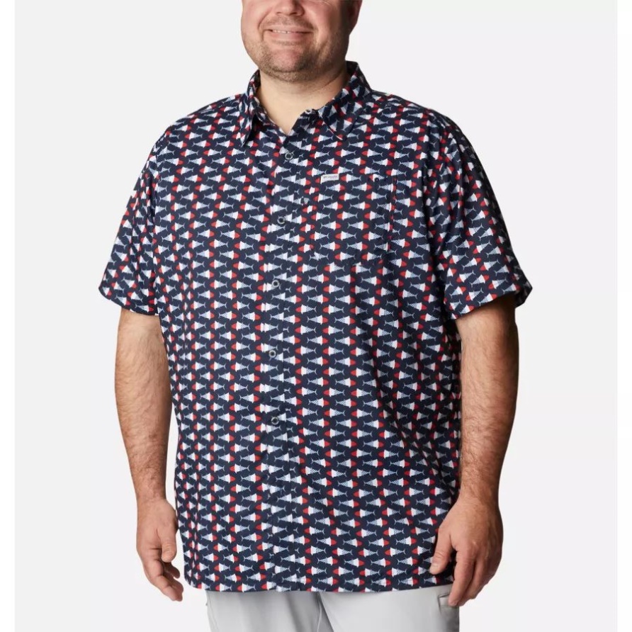 Collegiate Navy Fish Bobber Print Herren Pfg Super Slack Tide Camp Shirt Big Columbia