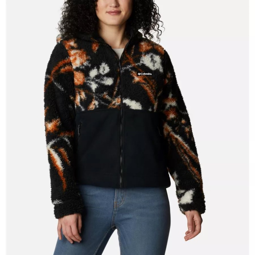 Columbia Black Fallgrass Print/schwarze Sherpa-Fleecejacke Mit Durchgehendem Reißverschluss Und Sherpa-Kapuze Für Damen