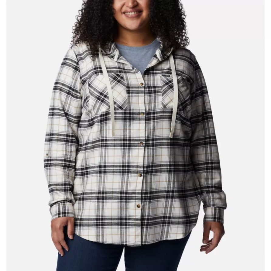 Columbia Black Multi Tartan Damen Stretch-Hemd Mit Langen Ärmeln Und Kapuze In Übergröße