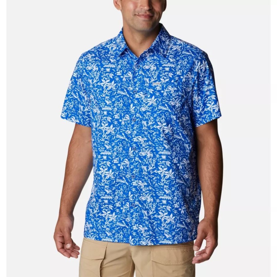 Pfg Super Slack Tide Camp Shirt Für Männer Mit Kona-druck In Columbia Blue Macaw Kona