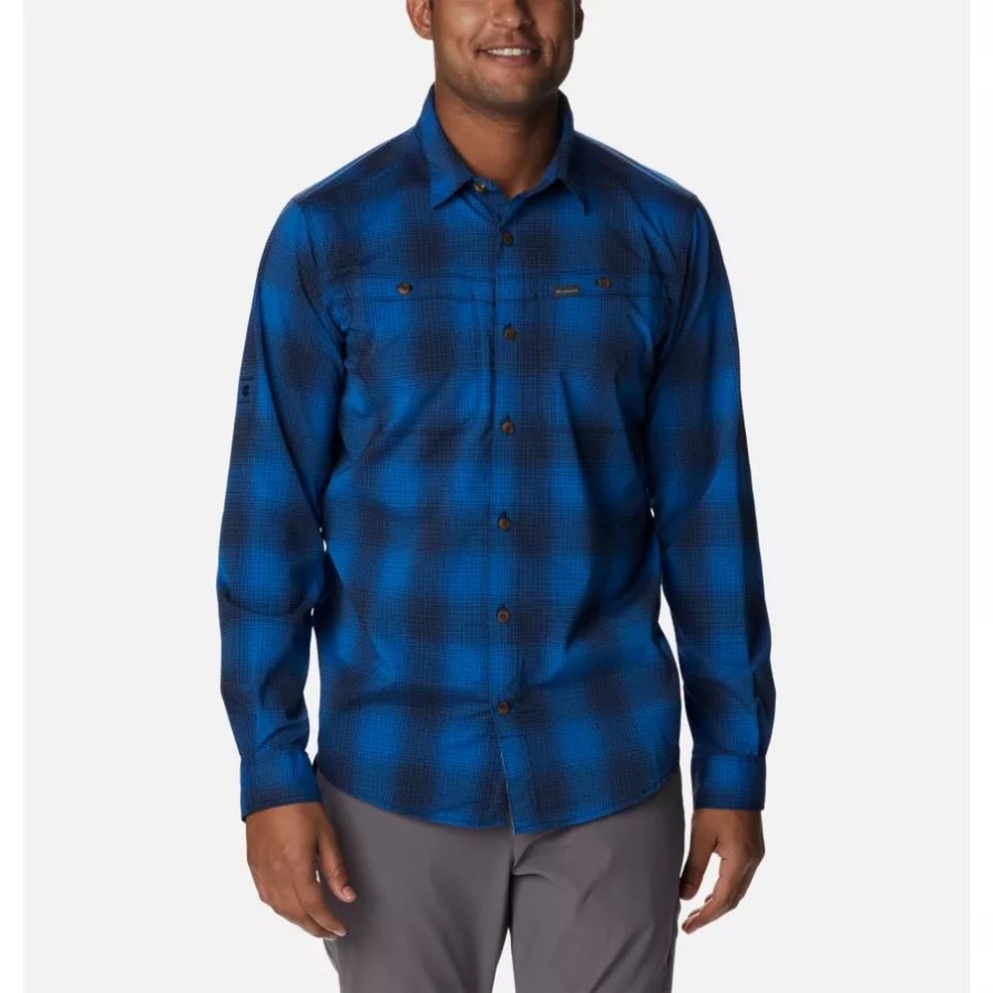 Columbia Brand Herren Newton Ridge Ii Kariertes Langarmhemd Helles Indigo Weiches Ombre