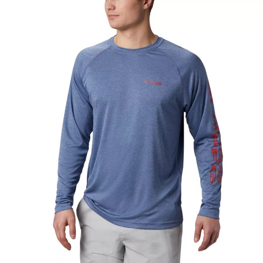 Columbia Carbon Heather/Red Spark Logo Herren Pfg Terminal Tackle Heather Langarmshirt