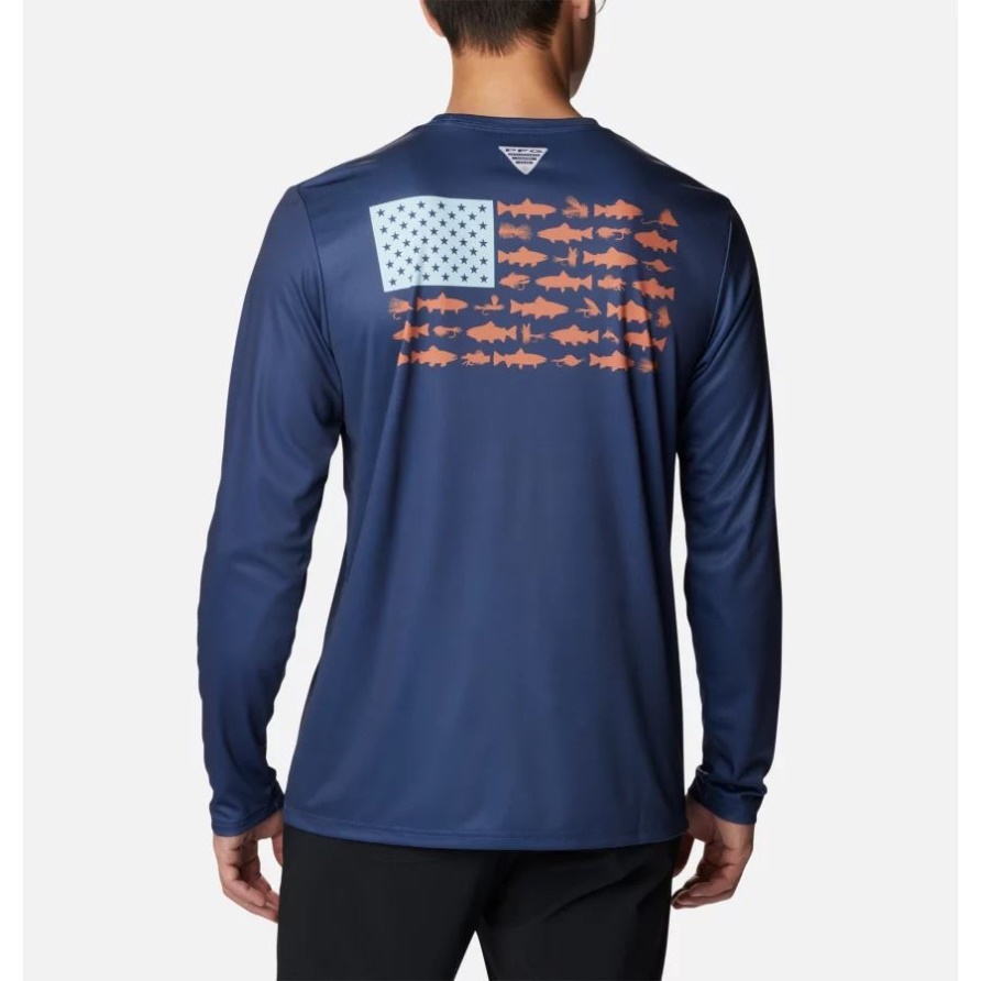 Columbia Carbon/spring Blue Forellenfliegen Herren Pfg Endgerät Fischflagge Langarmshirt Groß