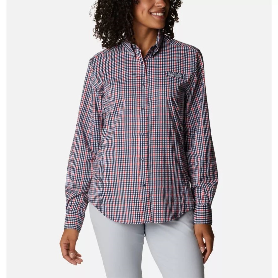 Columbia Collegiate Navy Kariertes Frauen-pfg Super Tamiami Langarmhemd