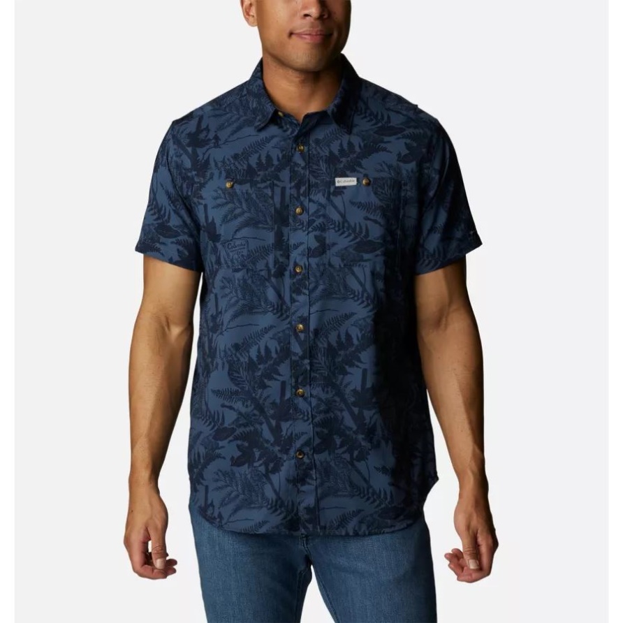 Columbia Collegiate Navy North Woods Bedrucktes Gewebtes Kurzarmhemd Für Herren Mit User-print