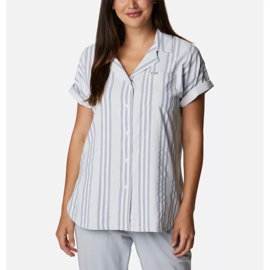 Columbia Collegiate Marineblau Gestreiftes Sonnendrifter Gewebtes Kurzarmhemd Für Damen