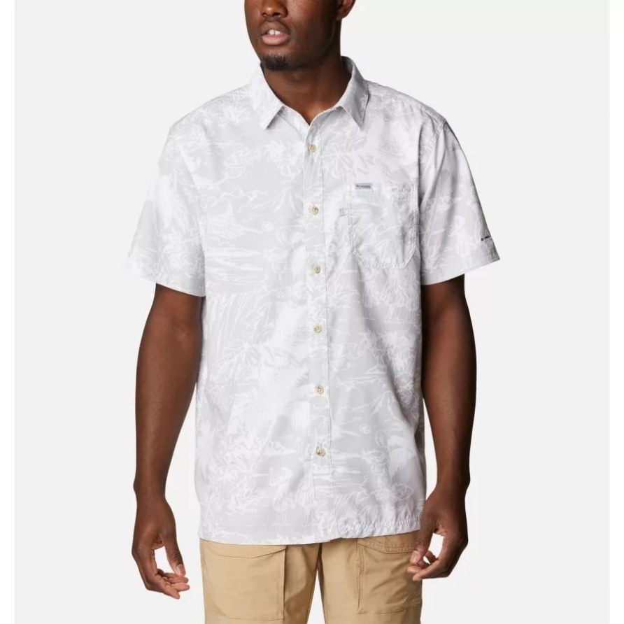 Columbia Pfg Super Slack Tide Camp Shirt Mit Coolem Grauen Hula-Fischdruck Für Männer