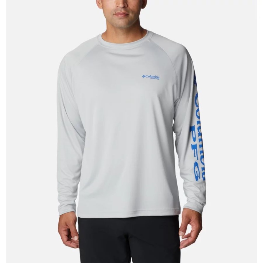 Columbia Cooles Graues/lebendiges Blaues Logo Männer Pfg Terminal Tacklelong Sleeve Shirt Groß