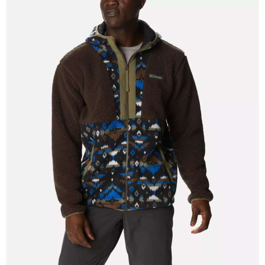 Columbia Cordovan/bright Indigo Rocky Mtn Print Herren-sherpa-kapuzenpulli Mit Durchgehendem Reißverschluss