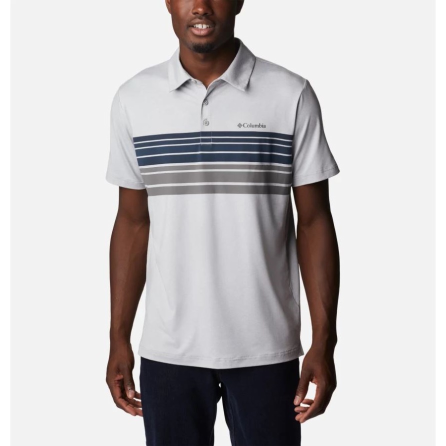 Columbia Grau Meliert Gestreiftes Tech Trail Neuheit Polo Für Herren Columbia