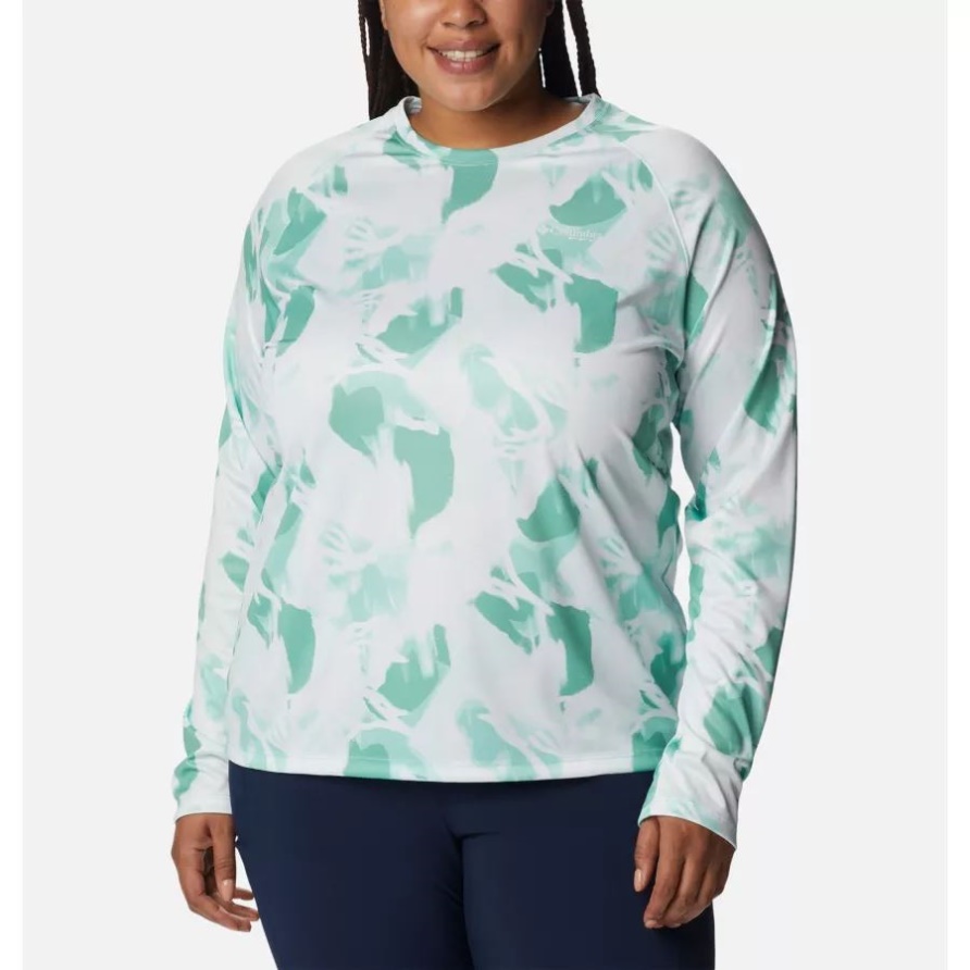 Columbia Kelp/auroras Print Frauen Pfg Super Tidal Tee Ii Langarmshirt Plus Größe