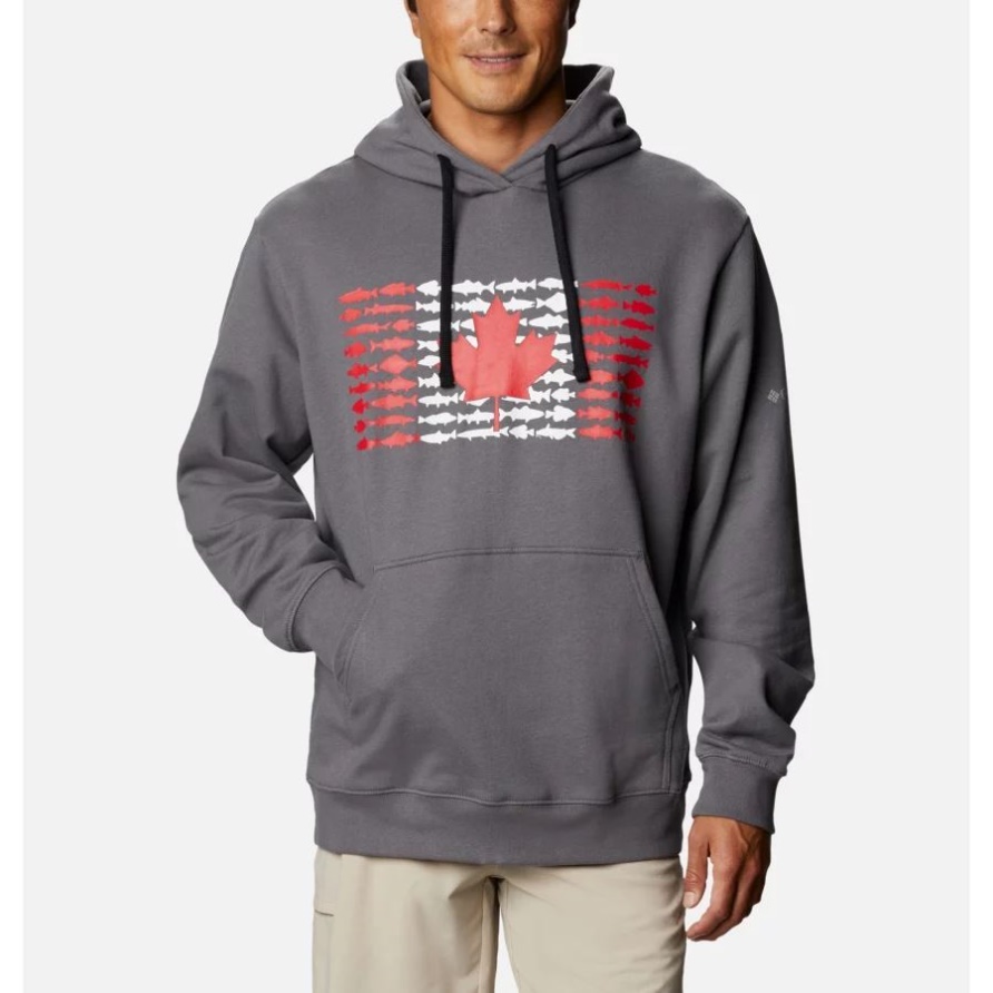 Columbia Mens Pfg Fish Flag Hoodie City Grey/can Fish Flag