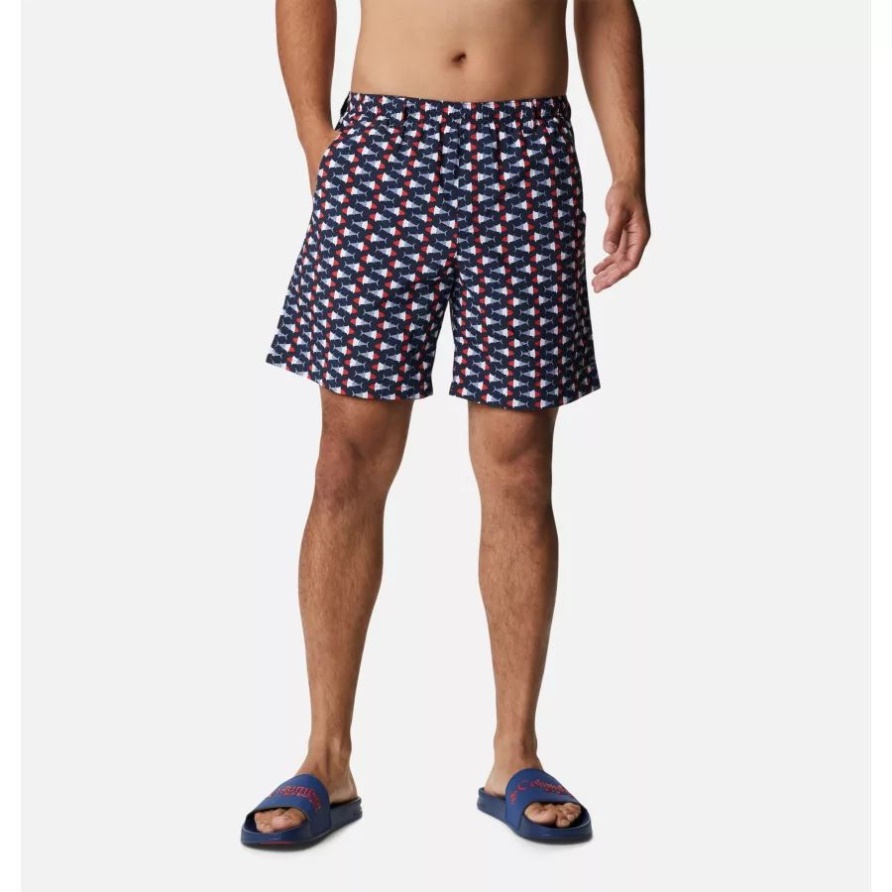 Columbia Herren Pfg Super Backcast Water Shorts Collegiate Navy Fish Bobber Print