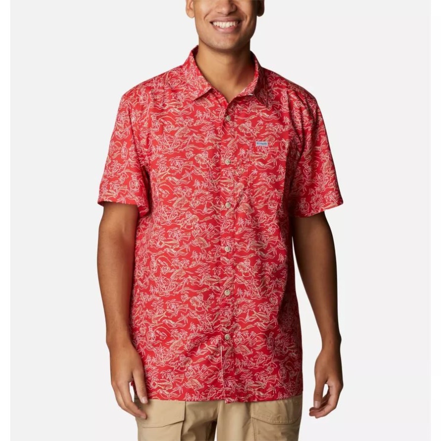 Columbia Herren Pfg Super Slack Tide Camp Shirt Red Spark Merry Mahi Print