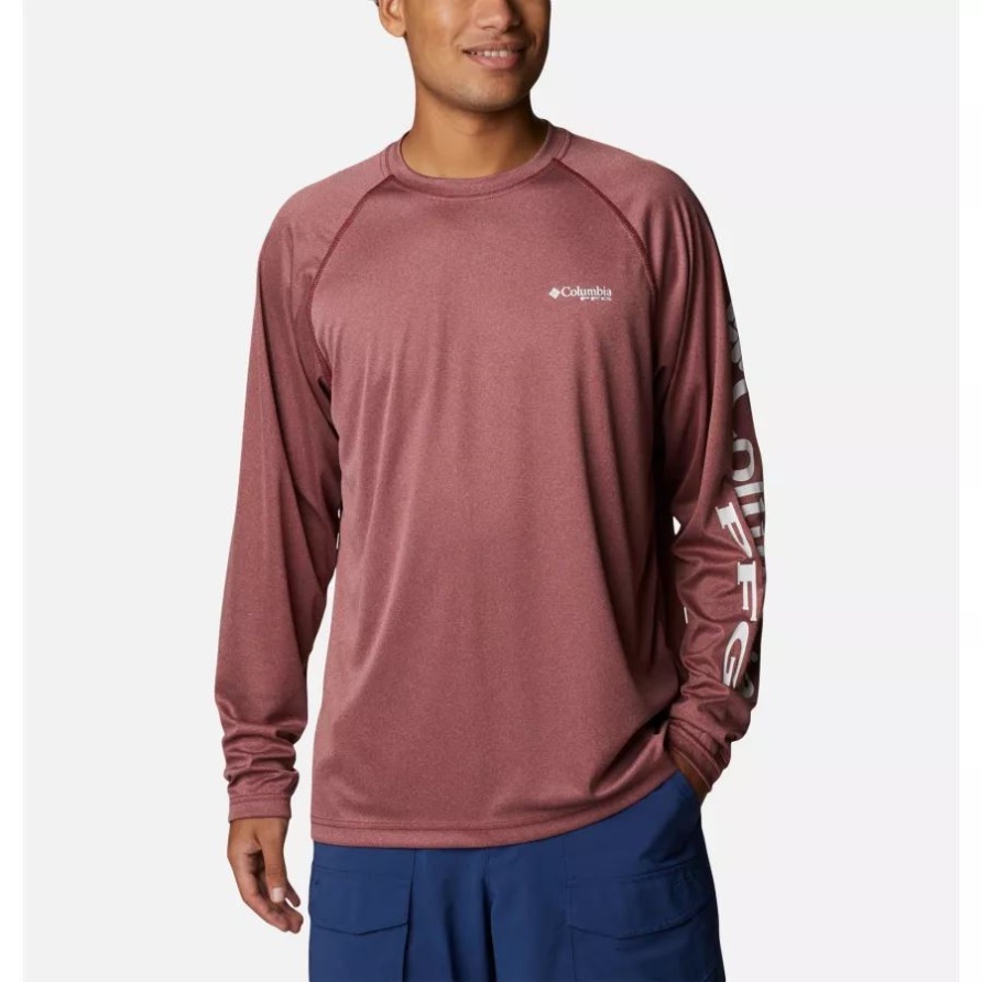 Columbia Pfg Terminal Tackle Heather Langarmshirt Für Herren Roter Jaspis Heather/weißes Logo