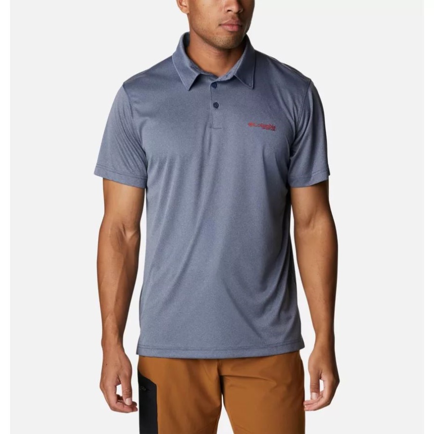 Columbia Pfg Terminal Tackle Herren Heather Polo Carbon Heather/Red Spark Logo