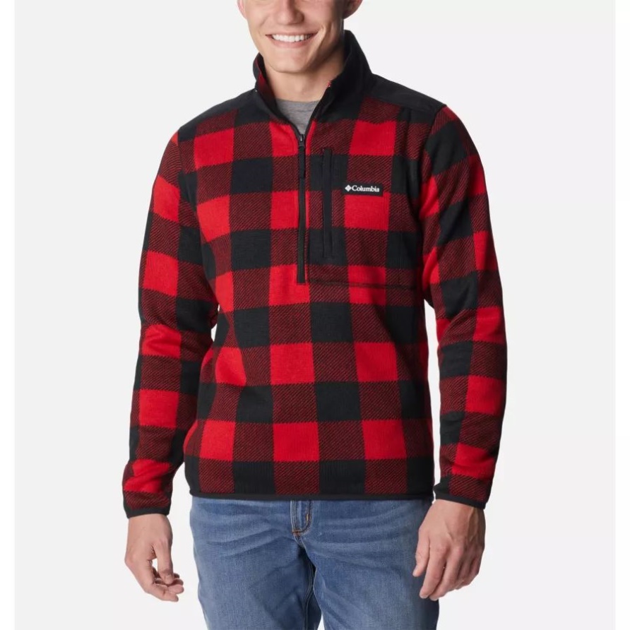 Columbia Mountain Roter Herrenpullover Mit Karomuster Weather Ii Bedruckter Fleecepullover Mit Halbem Reißverschluss