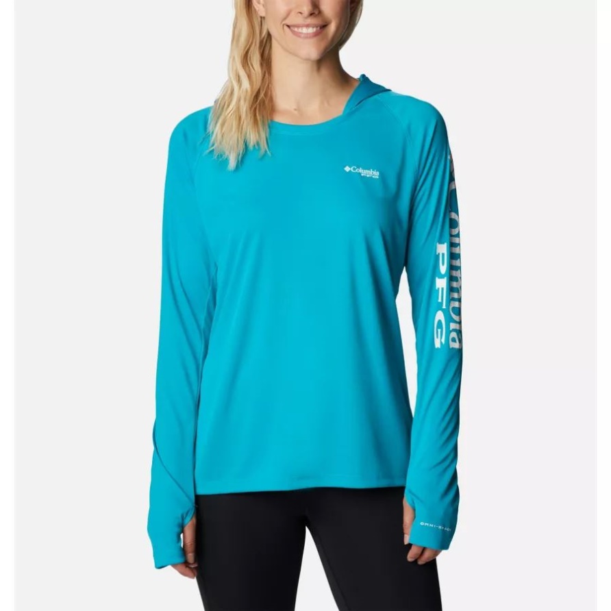 PFG-Gezeiten-T-Stück Hoodie Der Aquamarinen/weißen Logofrauen Columbia-Ozeans
