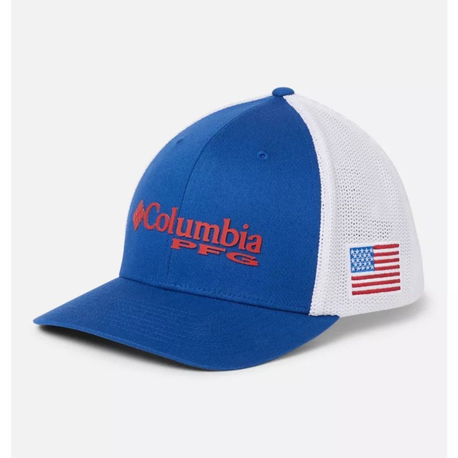 Columbia Pfg Logo Mesh Ball Cap Mid Crown Mountain Blue/us Flag