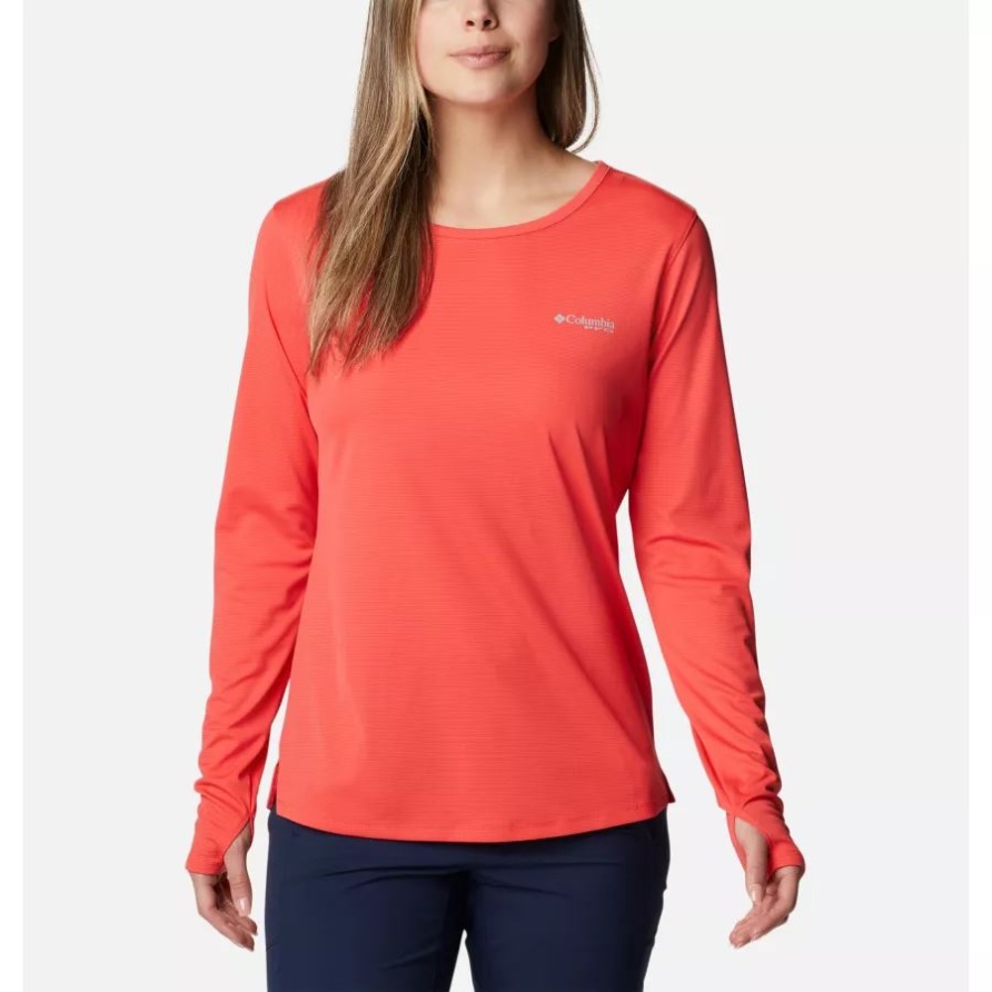 PFG-Skiff-Führer-Strick-Langarmshirt Der Columbia-roten Hibiskusfrauen