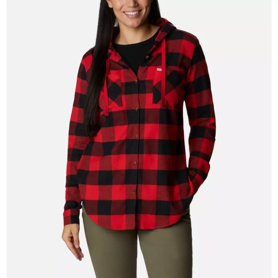 Columbia Red Lily Buffalo Check Frauen Jederzeit Dehnbares Langärmliges Hemd Mit Kapuze