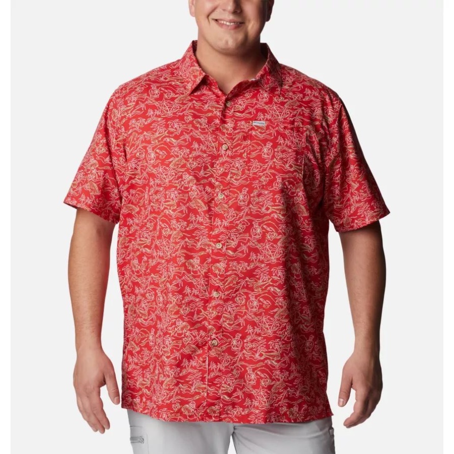 Columbia Red Spark Merry Mahi Print Herren Pfg Super Slack Tide Camp Shirt Groß