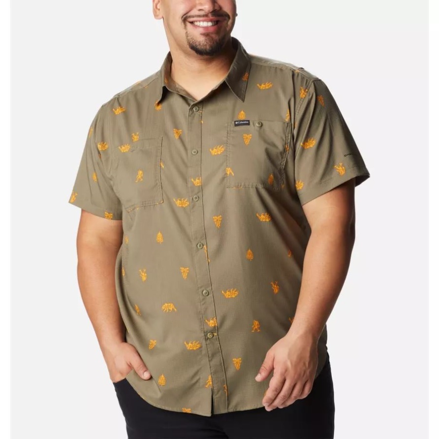 Columbia Stone Green Camp Social Gewebtes Kurzarmshirt Für Herren Mit Bedrucktem Stoff, Groß