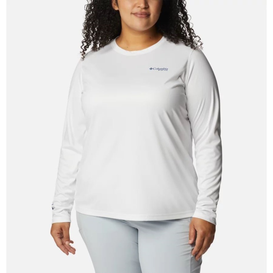 Columbia White/bluestone Aurora Fish Frauen Pfg Tidal Tee Sailfish Flair Langärmliges Shirt Plus Größe