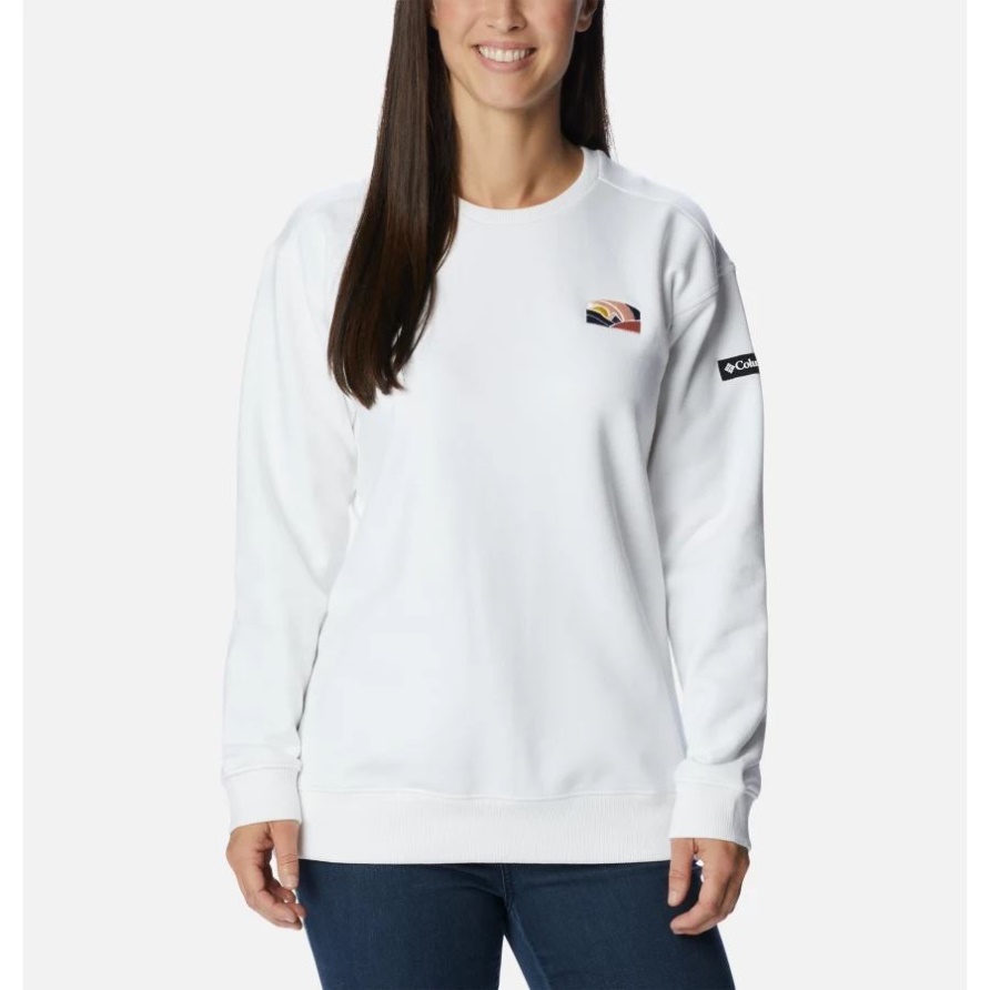 Columbia White/Suntrek Hills Brust Damen Columbia Lodge Schwergewichts-Grafik-Crew