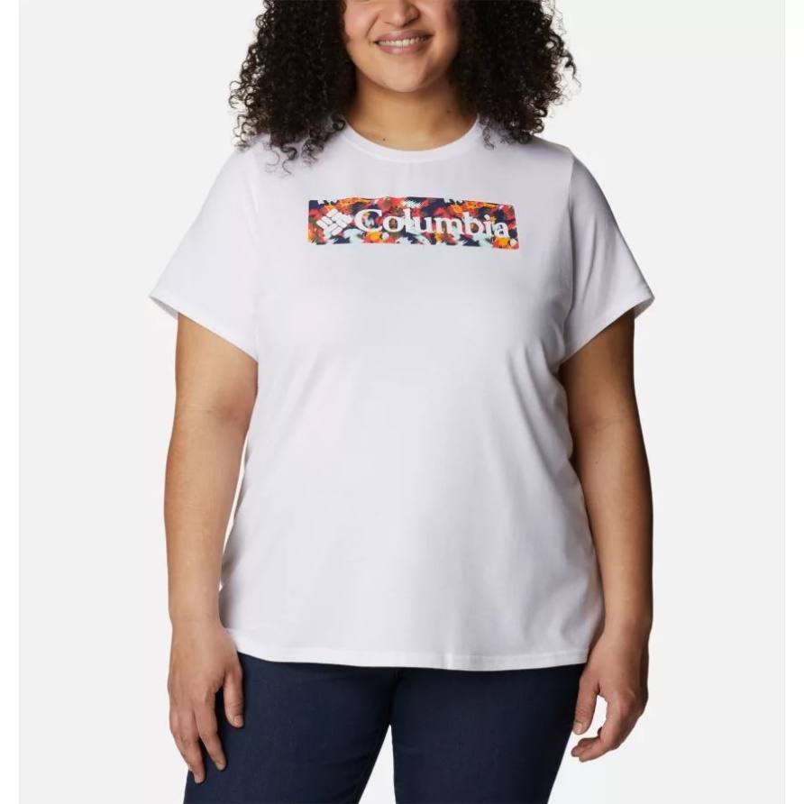 Columbia White/Typhoon Bloom Frame Frauen Sun Trek Grafik-T-Shirt In Übergröße