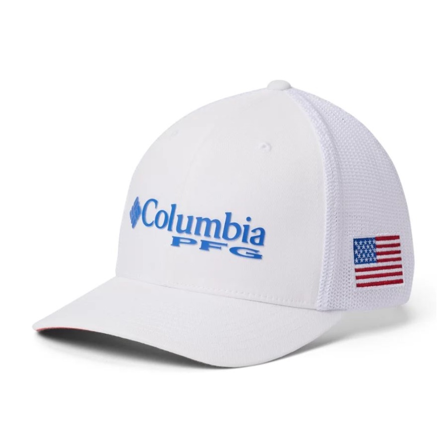 Columbia Weiß/lebendiges Blau/usa-flagge Pfg-logo Kugelkappe Aus Mesh Mit Mittlerer Krone