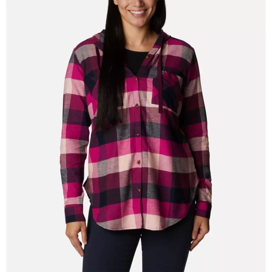 Columbia Damen-Hemd Mit Kapuze Und Stretch, Langärmliges Wildfuchsia-Büffelkaro