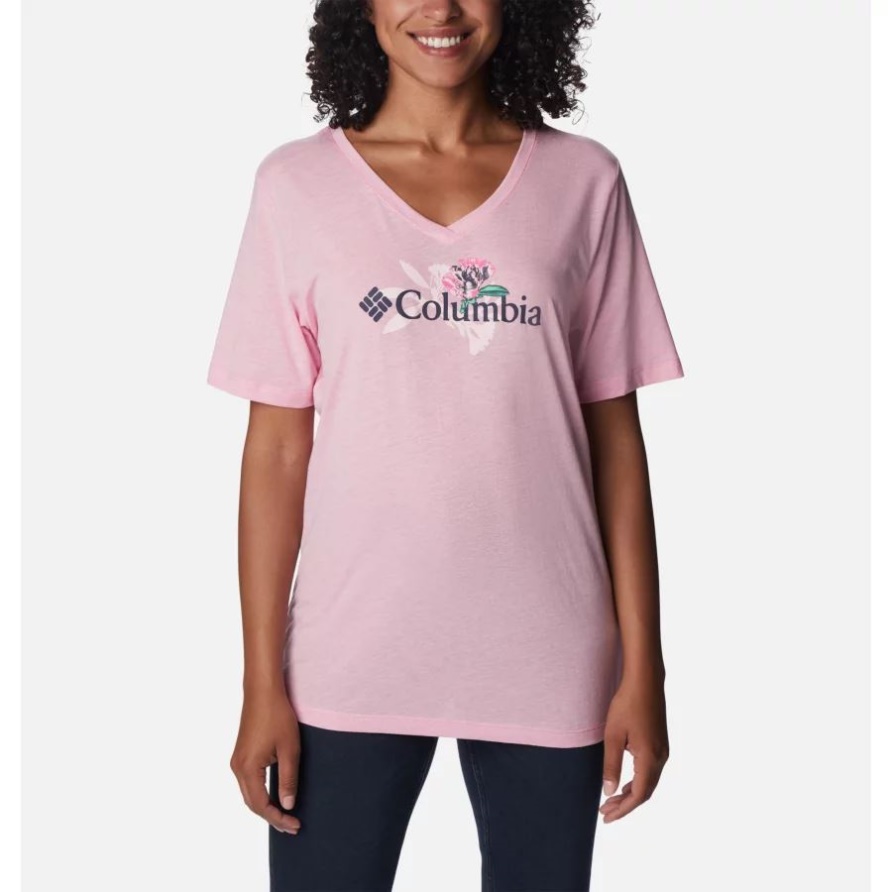 Drosseltag Der Columbia-Frauen Entspannte V-Hals-Shirt Wilde Rose Hthr/jubelnde Blumengraphik