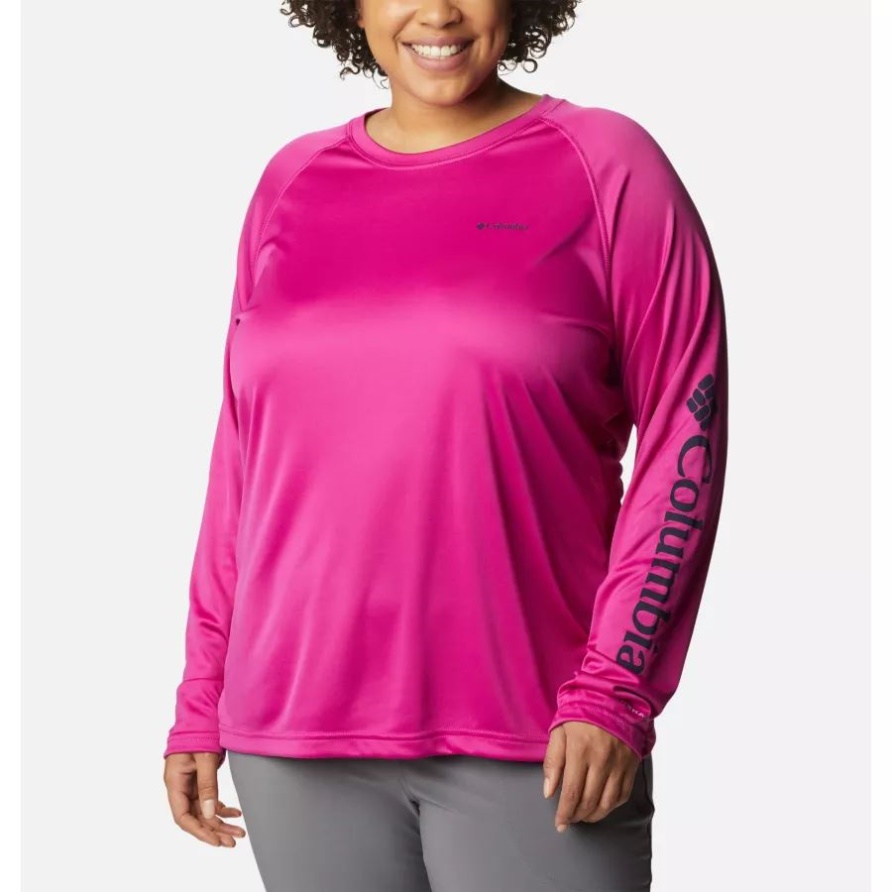 Columbia Fork Stream Langarmshirt Für Damen In Übergröße Wildes Fuchsia/dunkles Nächtliches Logo