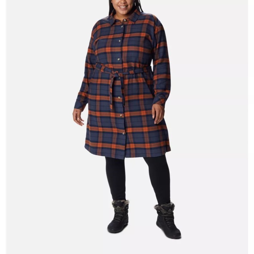 Columbia Holly Hideaway Flanellkleid Für Damen In Übergröße, Warmer Kupferfarbener, Einfacher Schottenstoff