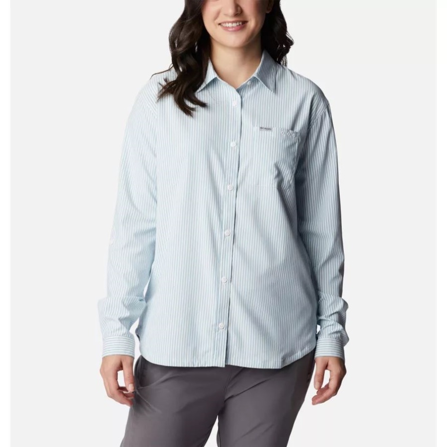 Columbia Pfg Sun Drifter Gewebtes Langarmhemd Für Frauen Seewelle/oxford Streifen