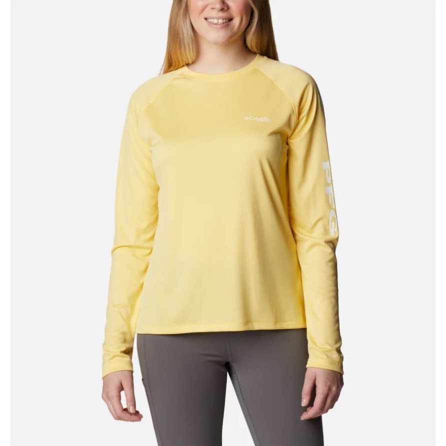 Columbia Frauen Pfg Tidal Tee Ii Langärmliges Hemd Süßer Mais/weißes Logo
